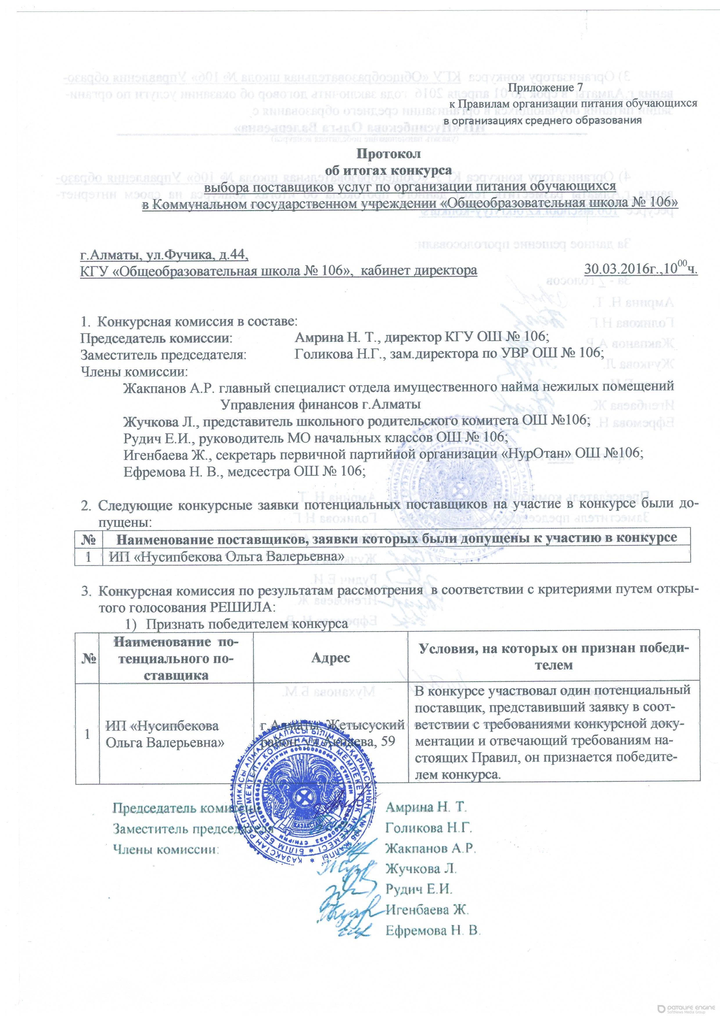 Протокол итоги конкурса