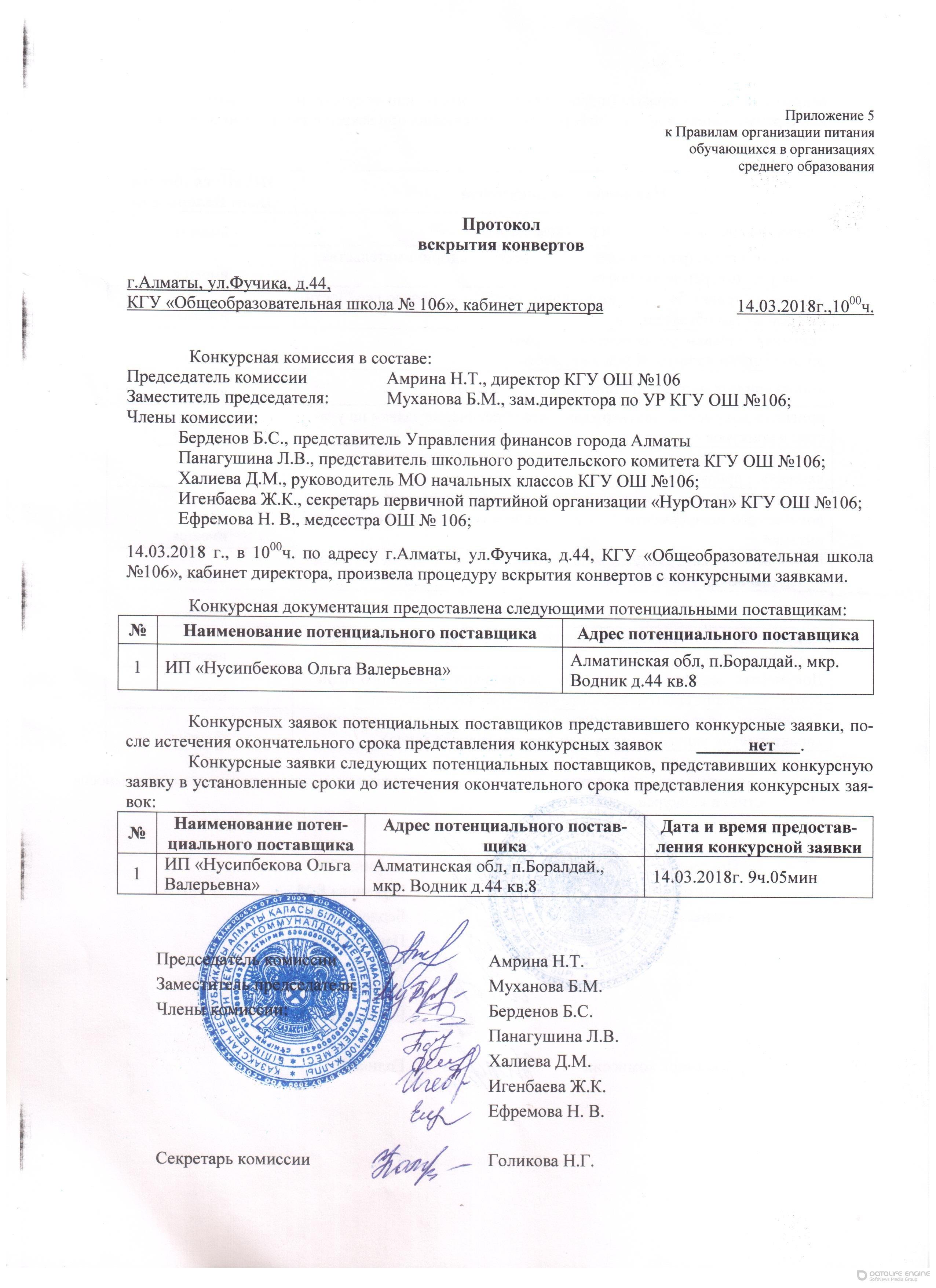 Протокол вскрытия конвертов