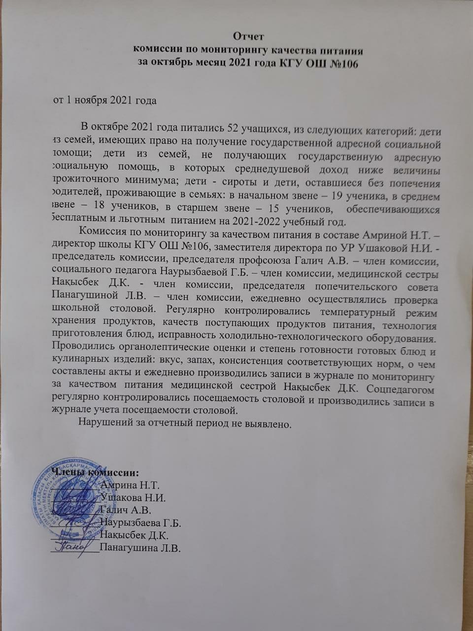 Тамақтану сапасының мониторингі жөніндегі комиссияның 2021 жылғы қазан айындағы есебі №106 ЖББМ КММ/Отчет комиссии по мониторингу качества питания за октябрь месяц 2021 года КГУ ОШ №106