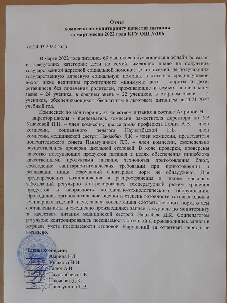 Отчет комиссии по мониторингу качества питания за март месяц 2022 года КГУ ОШ №106