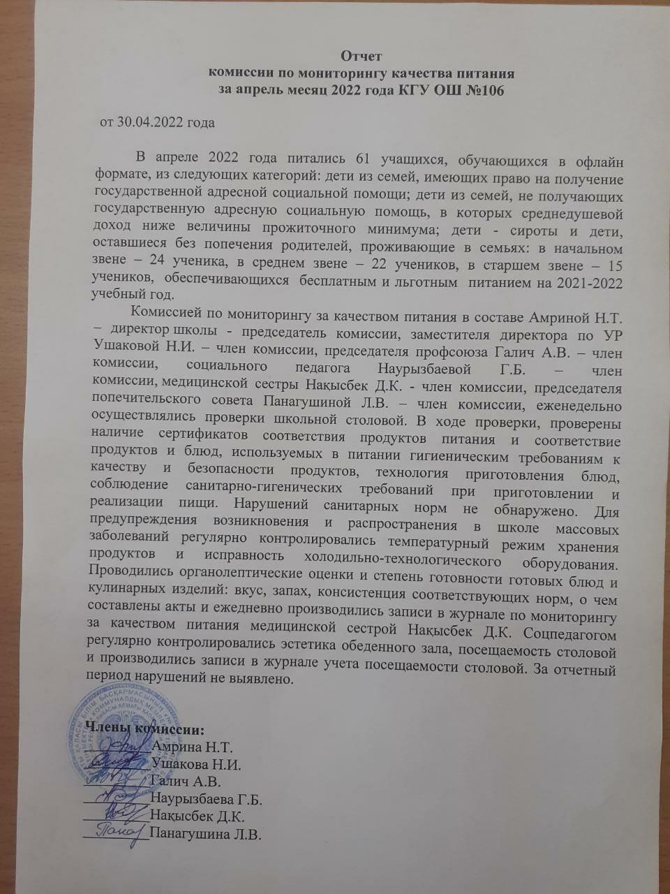 Отчет комиссии по мониторингу качества питания за апрель месяц 2022 года КГУ ОШ №106