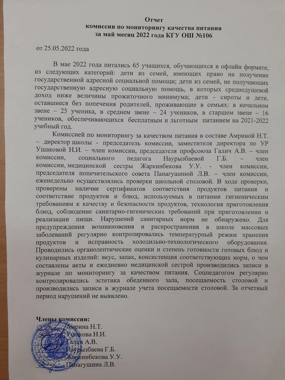 Отчет комиссии по мониторингу качества питания за май месяц 2022 года КГУ ОШ №106