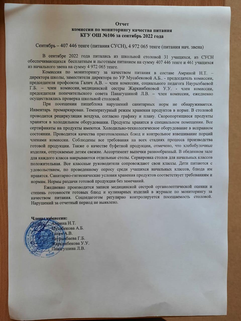 2022 жылғы қыркүйек айындағы №106 ЖББМ КММ тамақтану сапасының мониторингі жөніндегі комиссияның есебі. Отчет комиссии по мониторингу качества питания КГУ ОШ №106 за сентябрь 2022 года