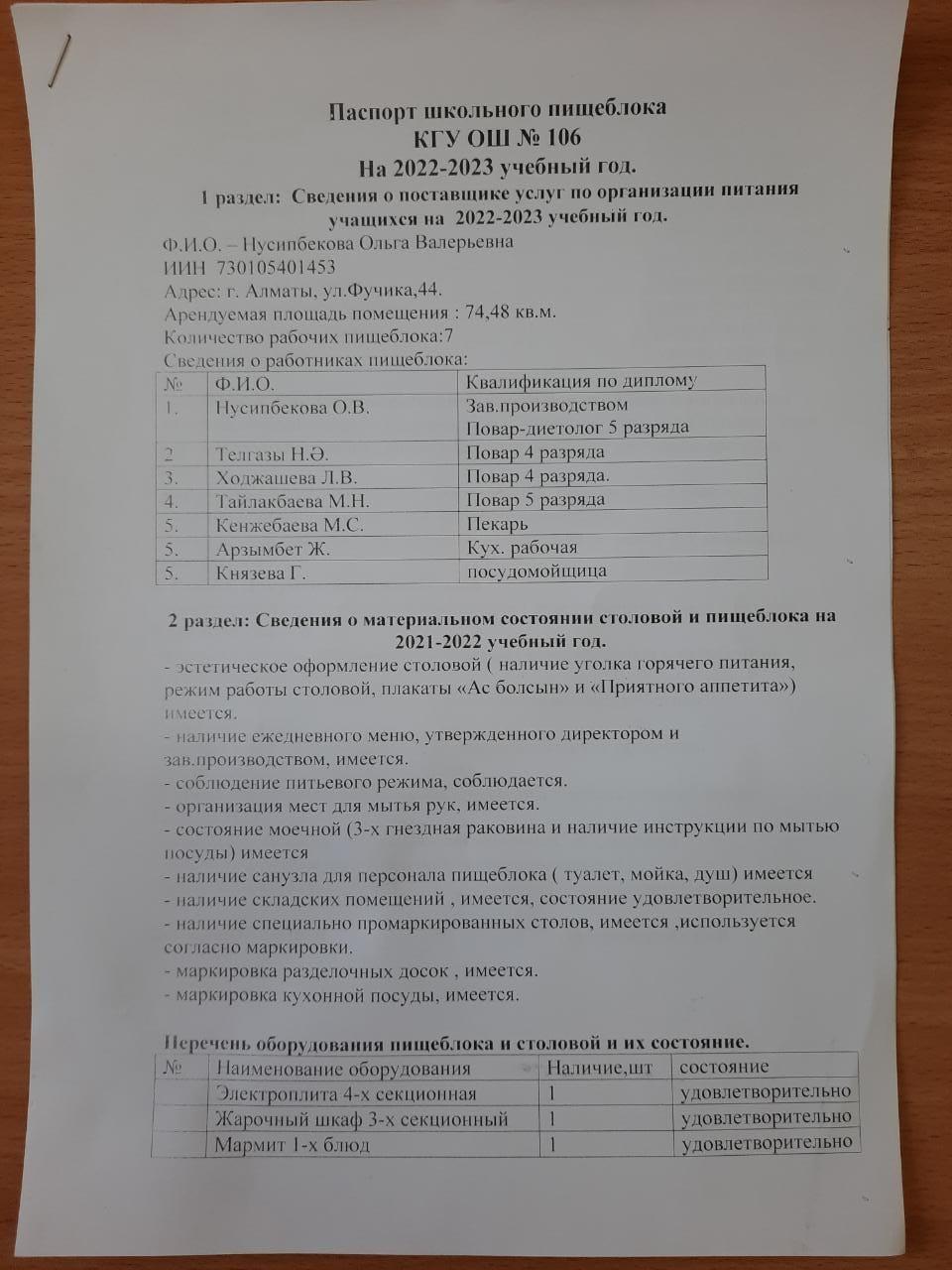 Асхана қызметі-2022. 2022-2023 оқу жылына арналған №106 ЖББМ КММ мектеп ас блогының паспорты. Деятельность столовой-2022. Паспорт школьного пищеблока КГУ ОШ №106 на 2022-2023 учебный год