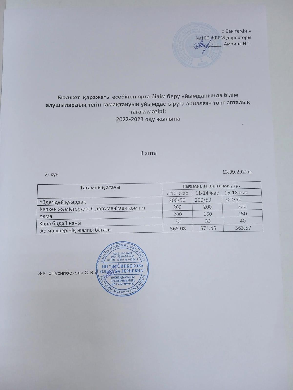 Ас мәзір-13.09.2022. Меню-13.09.2022