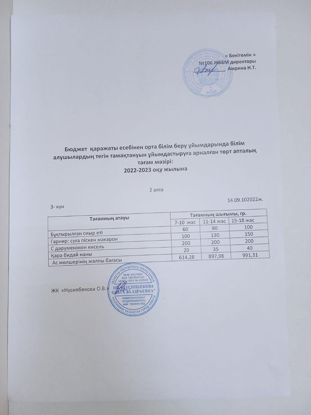 Ас мәзір-14.09.2022. Меню-14.09.2022