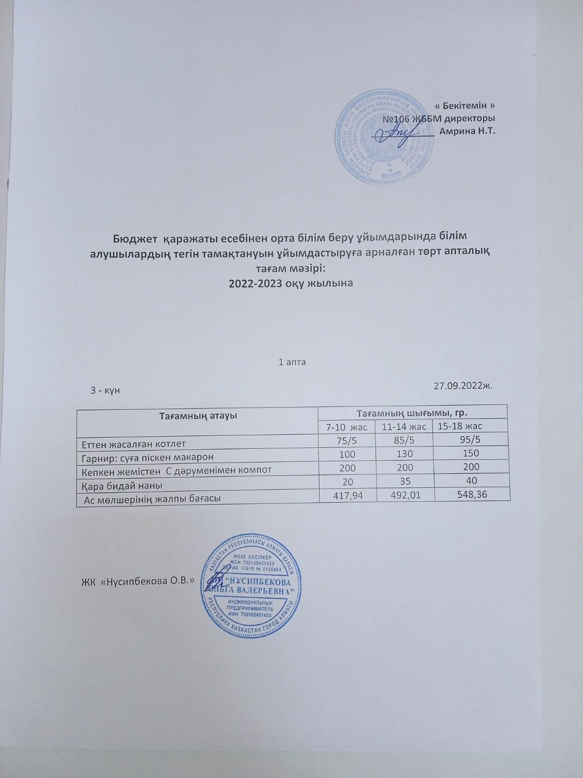 Ас мәзір-27.09.2022. Меню-27.09.2022