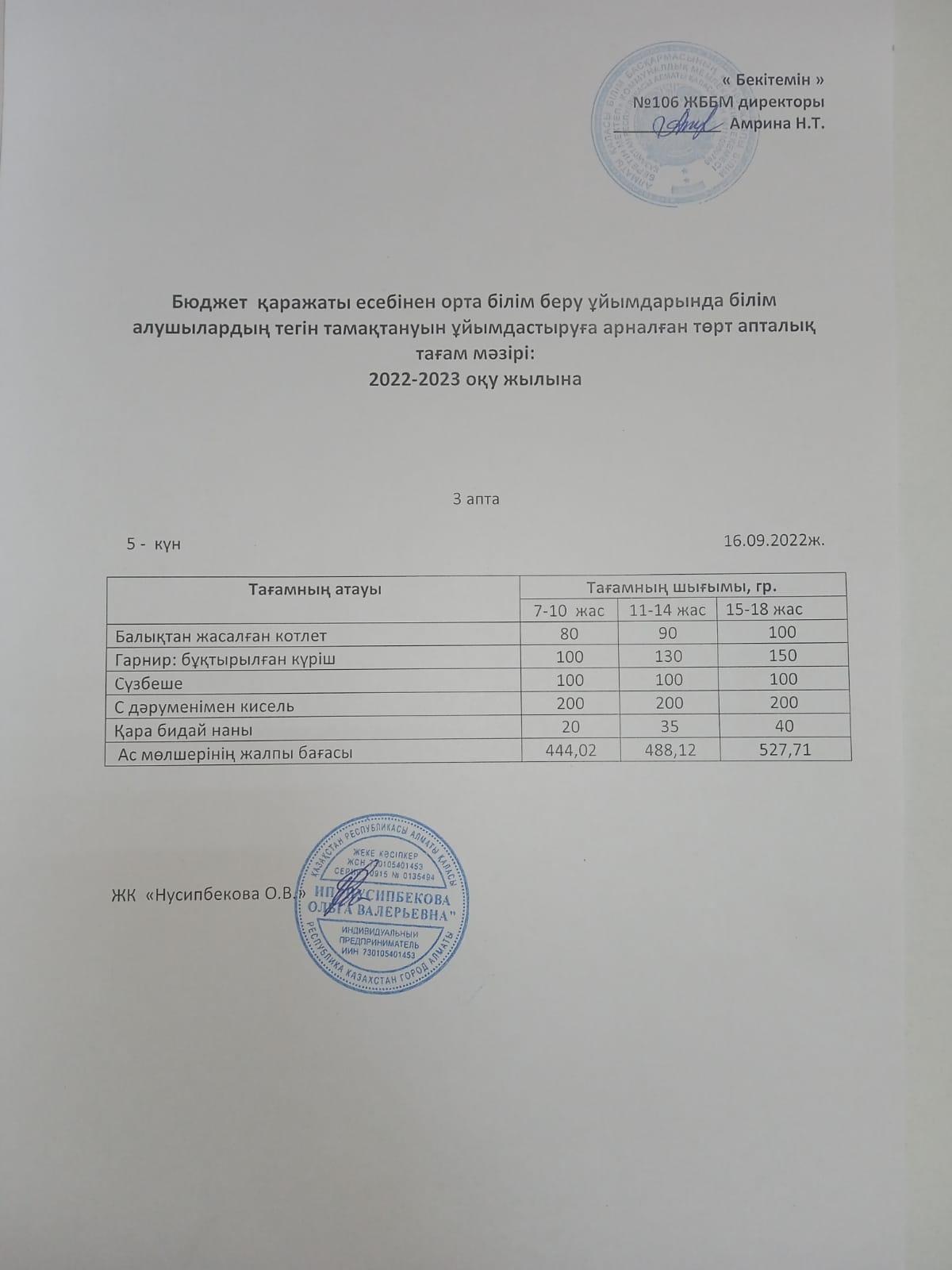Ас мәзір-16.09.2022. Меню-16.09.2022