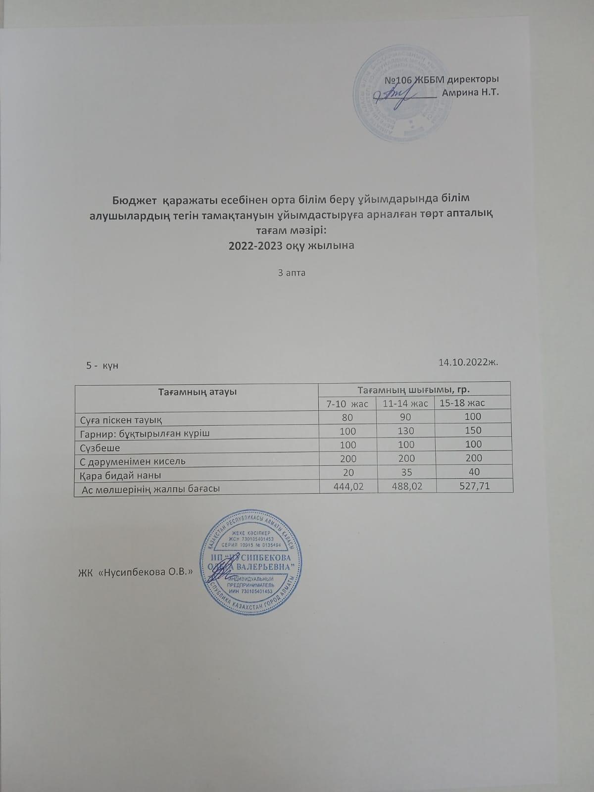 Мәзір - 14.10.2022. Меню - 14.10.2022