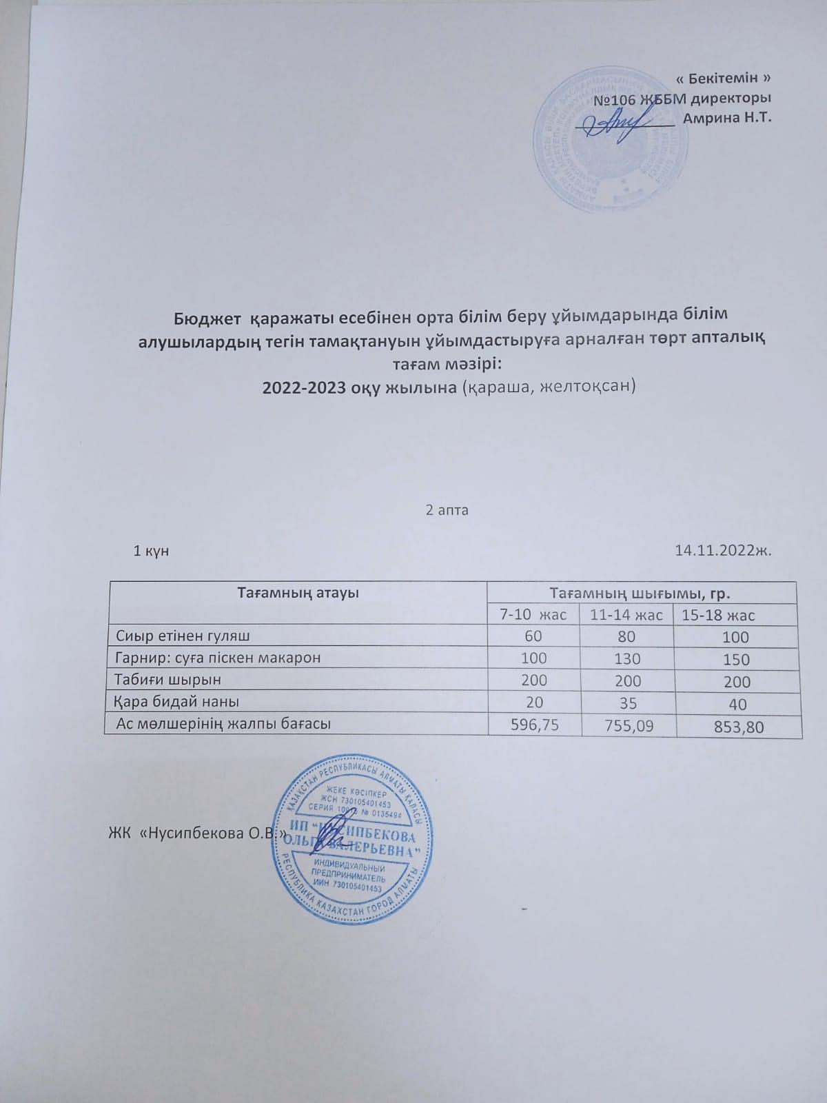Ас мәзірі-14.11.2022. Меню-14.11.2022