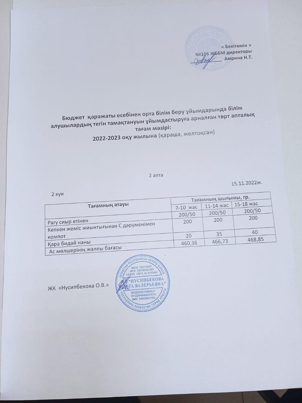 Ас мәзірі-15.11.2022. Меню-15.11.2022