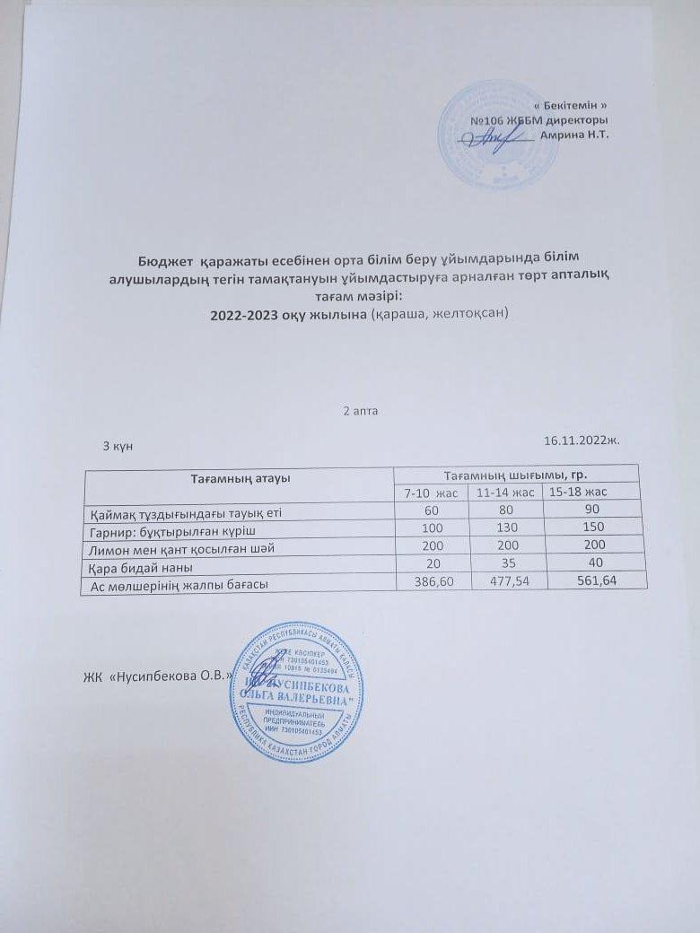 Ас мәзірі-16.11.2022. Меню-16.11.2022