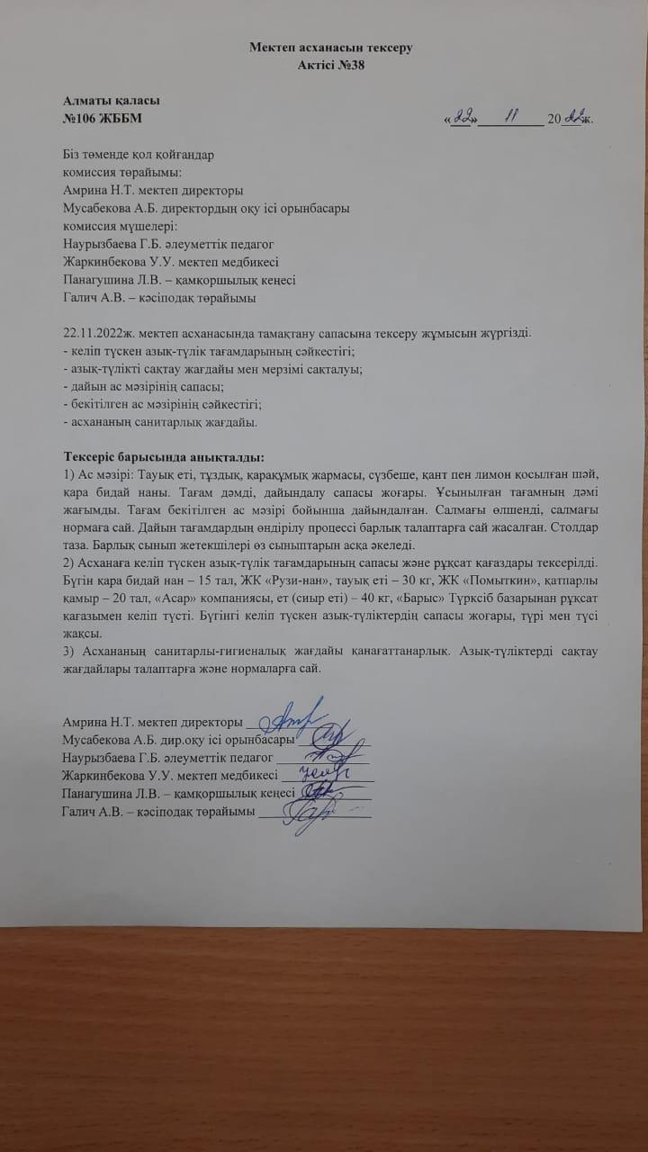 Мектеп асханасын тексеру Актісі №38