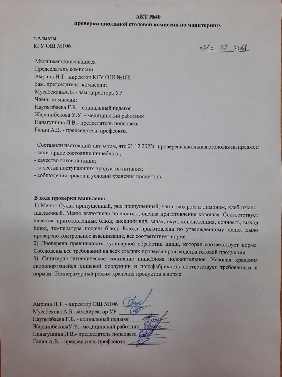АКТ №40 проверки школьной столовой комиссии по мониторингу