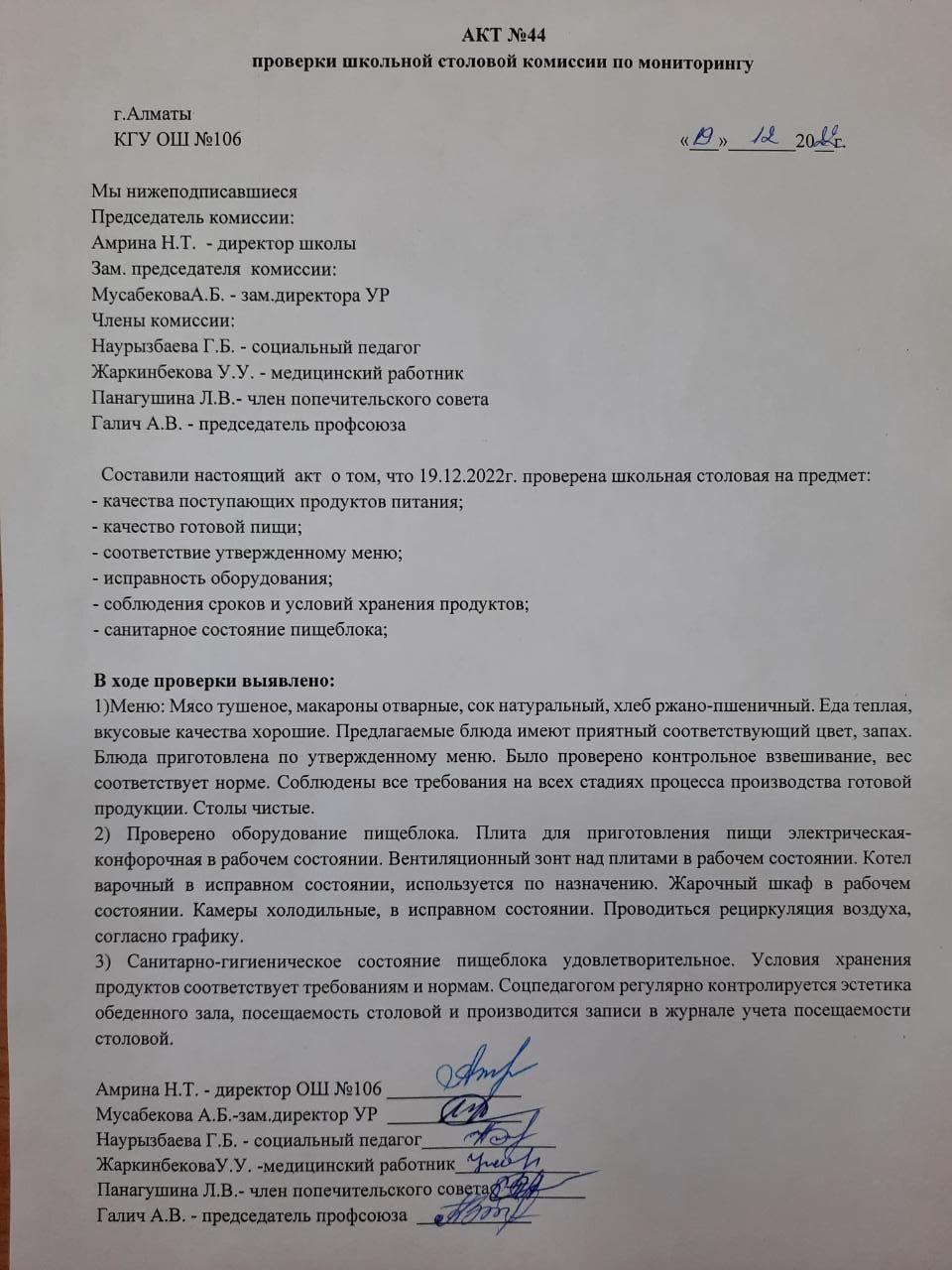 Акт №44 проверки школьной столовой комиссии по мониторингу