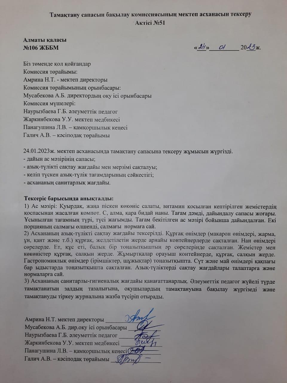Тамақтану сапасын бақылау комиссиясының мектеп асханасын тексеру Актісі №51\ АКТ №51 проверки школьной столовой комиссии по мониторингу