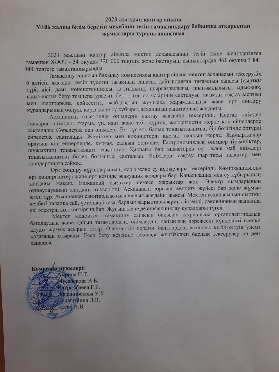 2023 жылдың қаңтар айына №106 жалпы білім беретін мектебінің тегін тамақтандыру бойынша атқарылған жұмыстары туралы анықтама/ Справка о проделанной работе по бесплатному питанию КГУ ОШ №106 за январь 2023 года