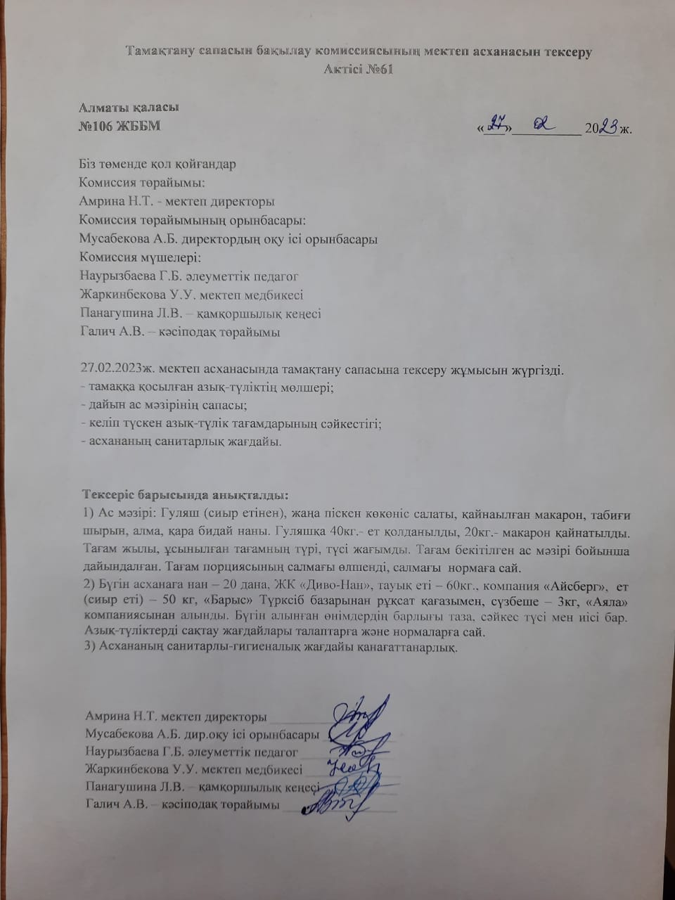 Тамақтану сапасын бақылау комиссиясының мектеп асханасын тексеру Актісі №61/ АКТ №61 проверки школьной столовой комиссии по мониторингу