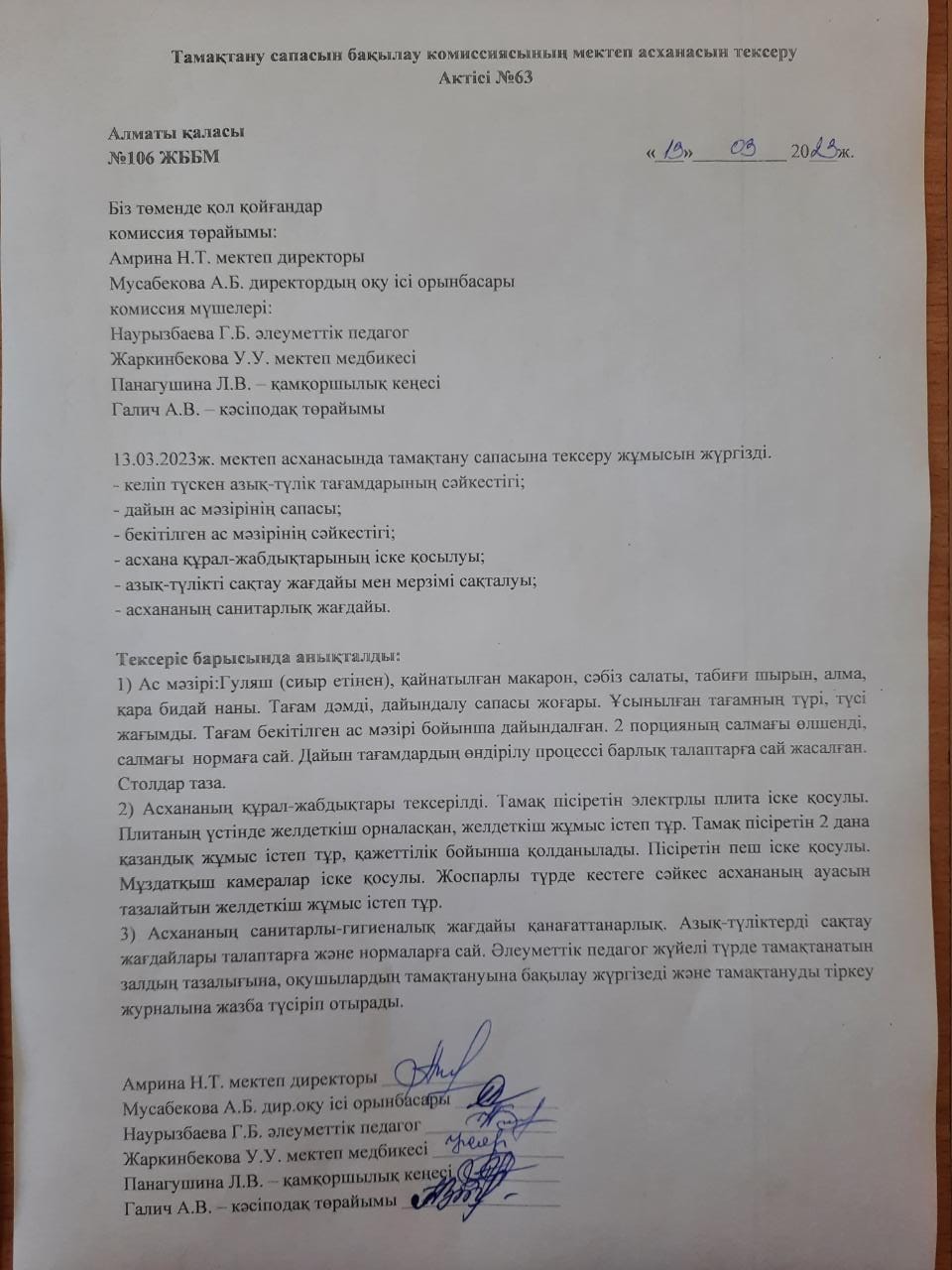 Тамақтану сапасын бақылау комиссиясының мектеп асханасын тексеру Актісі №63/АКТ №63 проверки школьной столовой комиссии по мониторингу