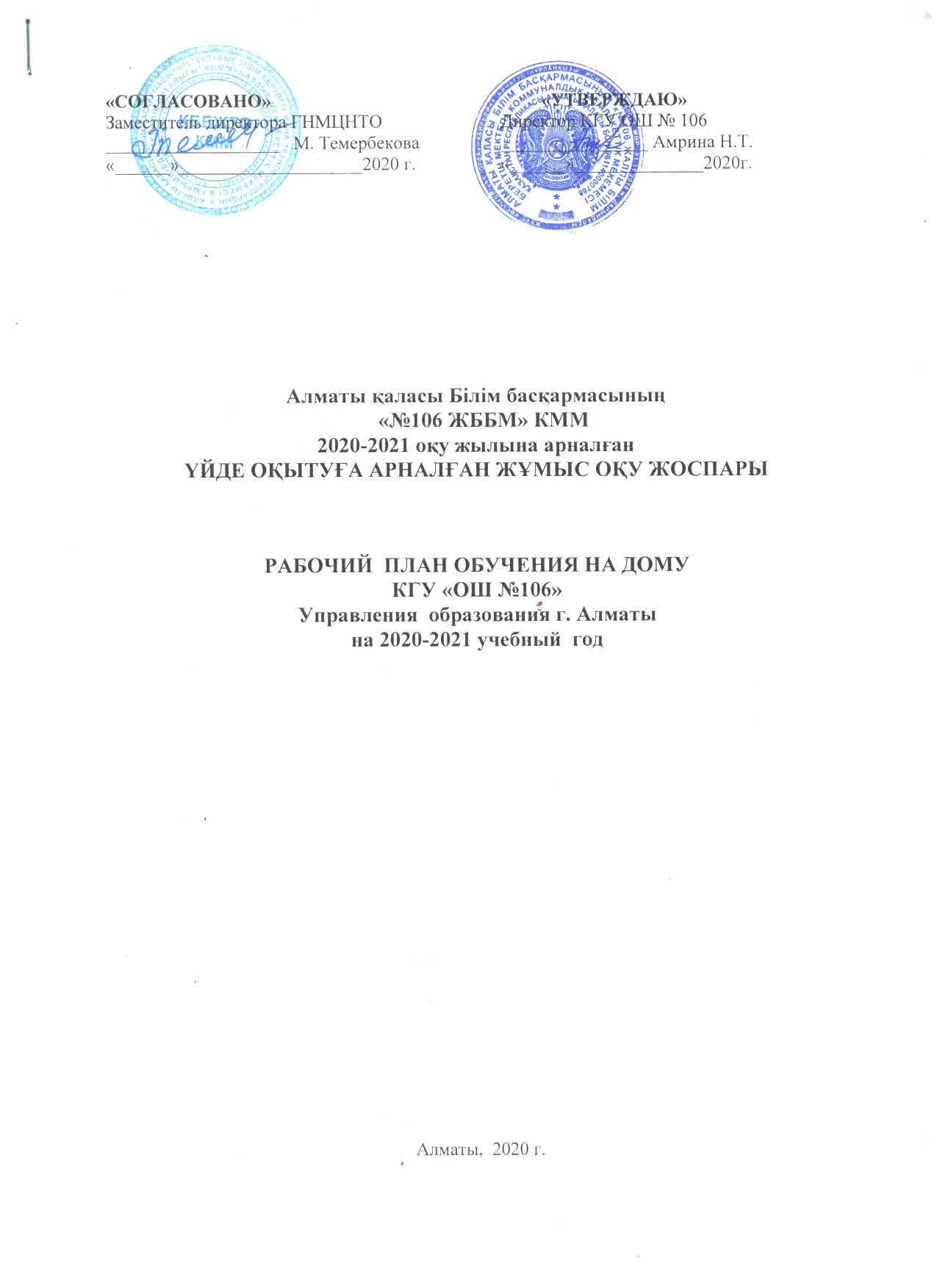 Алматы қаласы Білім басқармасының "№106 ЖББМ" КММ 2020-2021 оқу жылына арналған ҮЙДЕ ОҚЫТУҒА АРНАЛҒАН ЖҰМЫС ОҚУ ЖОСПАРЫ/ РАБОЧИЙ ПЛАН ОБУЧЕНИЯ НА ДОМУ КГУ "ОШ №106" на 2020-2021 учебный год