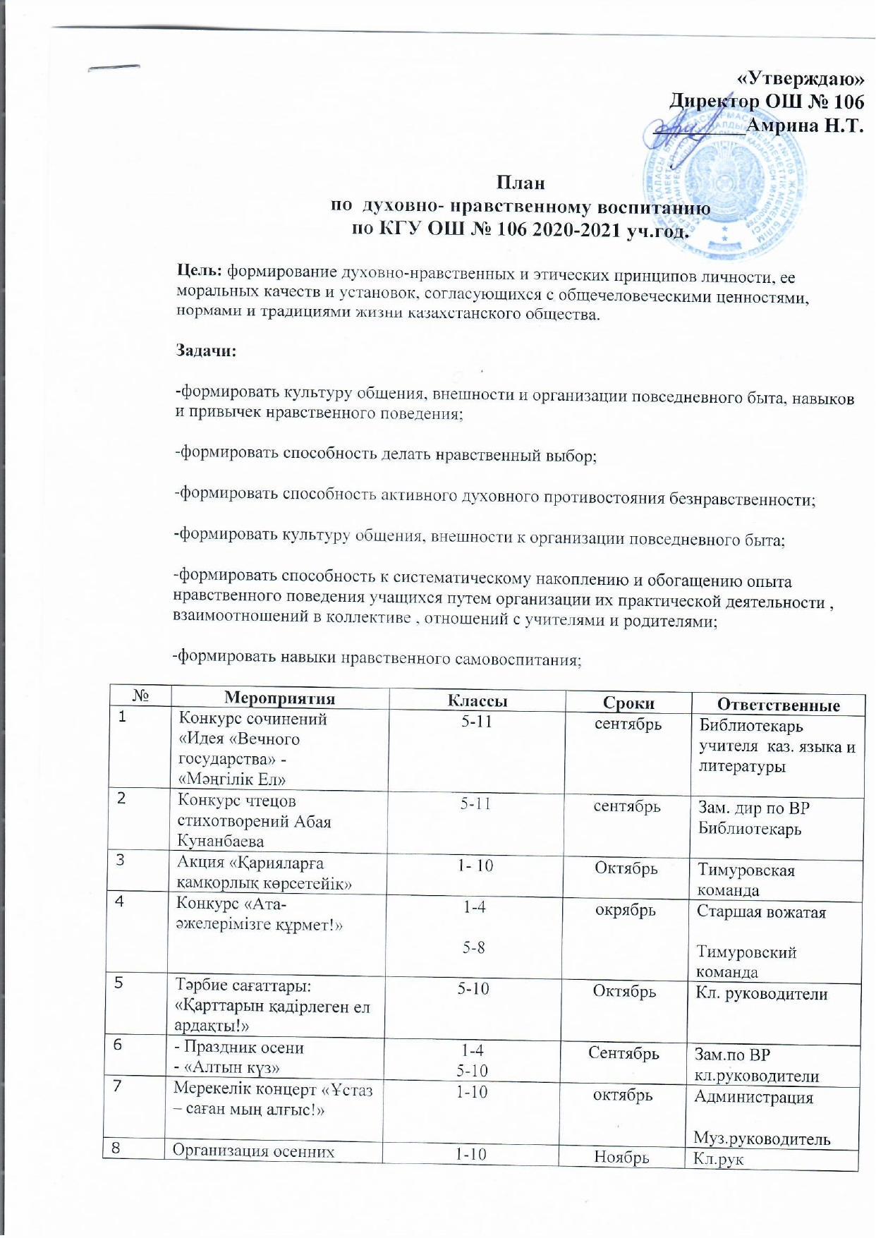2020-2021 оқу жылына арналған рухани-адамгершілік білім беру жоспары/План по духовно-нравственному воспитанию на 2020-2021 уч.год