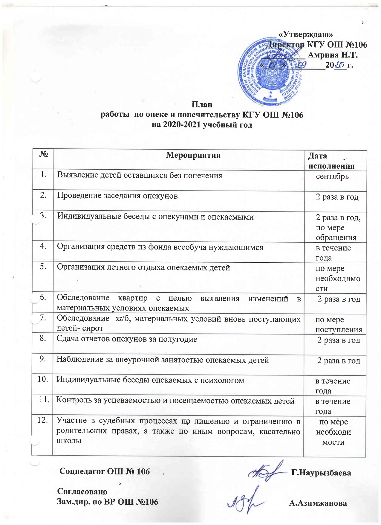 Әлеуметтік педагогтың 2020-2021 оқу жылына арналған жоспары/План социального педагога на 2020-2021 учебный год