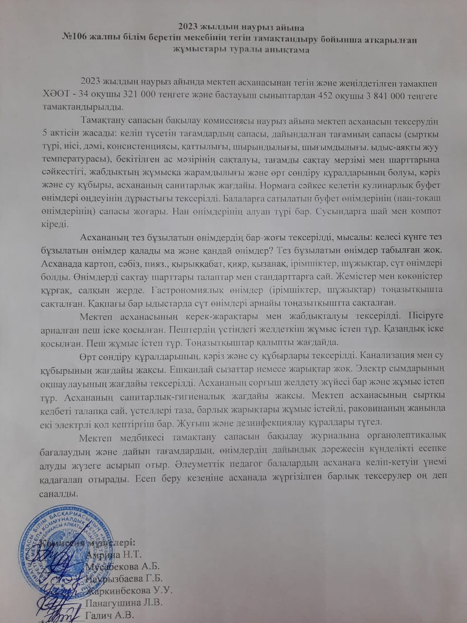 2023 жылдың наурыз айына №106 мектебінің тегін тамақтандыру бойынша атқарылған жұмыстары туралы анықтама/Справка о проделанной работе по бесплатному питанию за март 2023 года