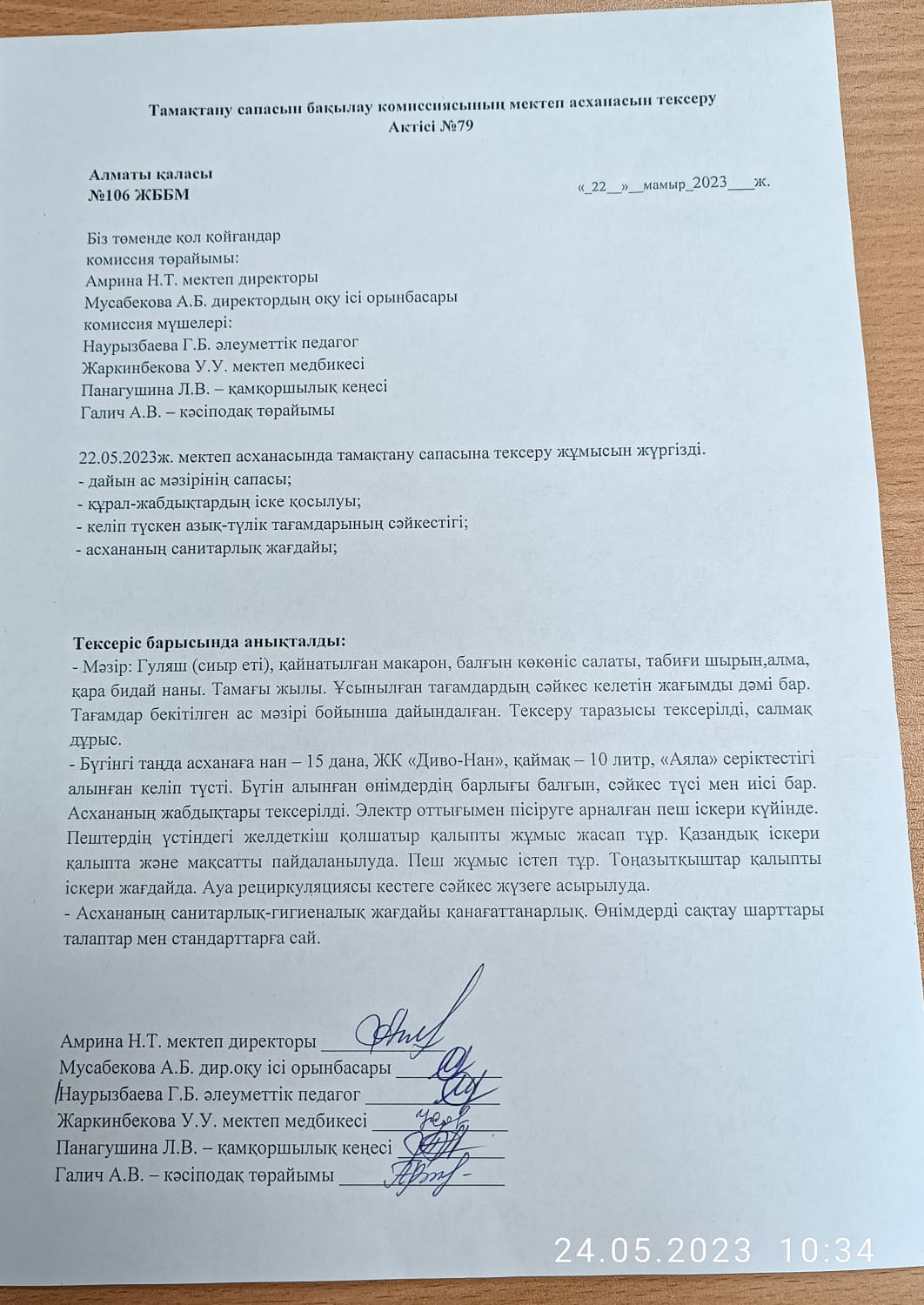 Тамақтану сапасын бақылау комиссиясының мектеп асханасын тексеру актісі №79/ АКТ №79 проверки школьной столовой комиссии по мониторигу