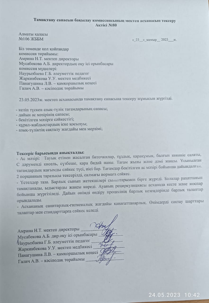 Тамақтану сапасын бақылау комиссиясының мектеп асханасын тексеру Актісі №80/АКТ №80 проверки школьной столовой комиссии по мониторингу