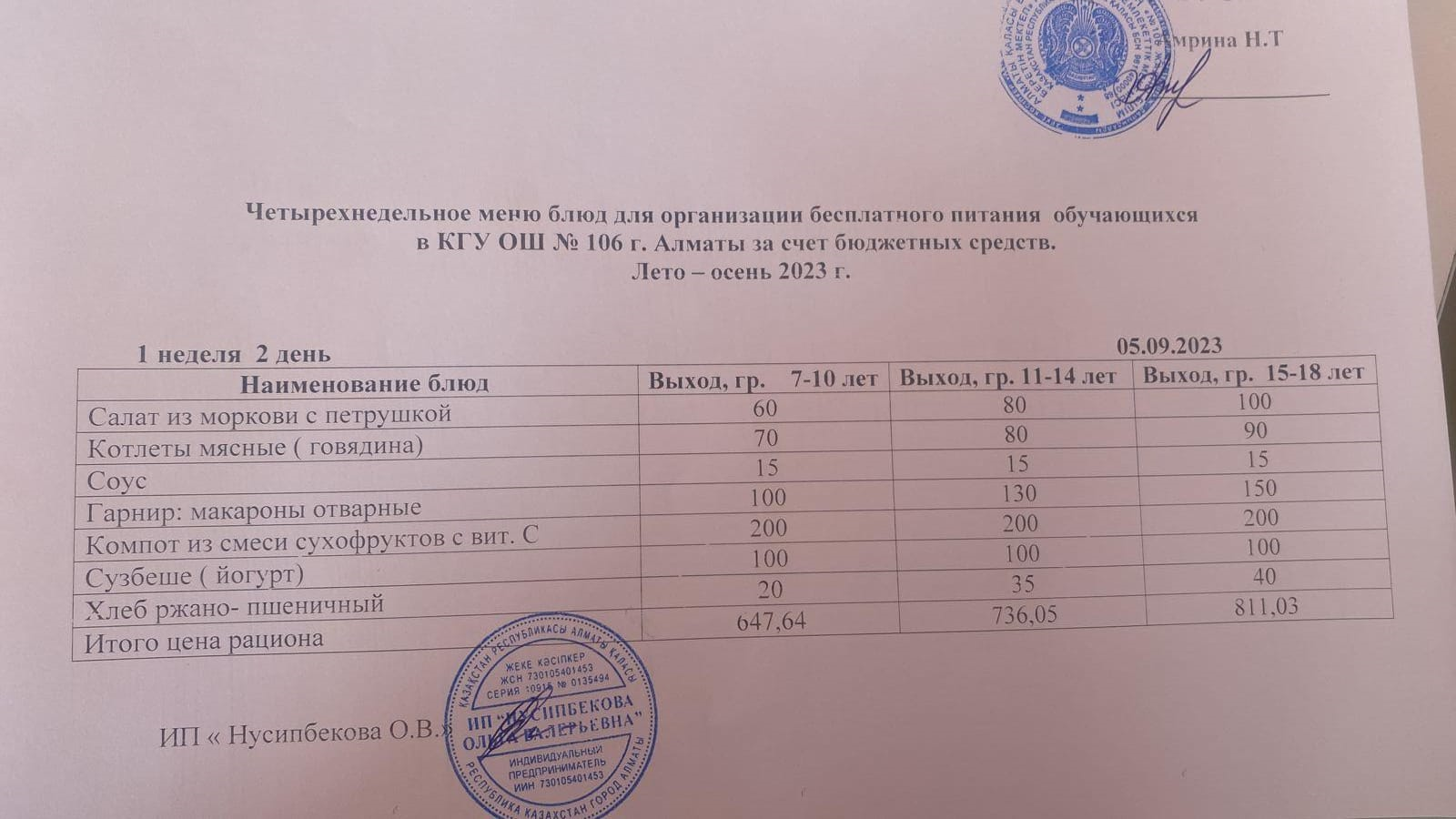 Ас мәзірі/Меню-05.09.2023