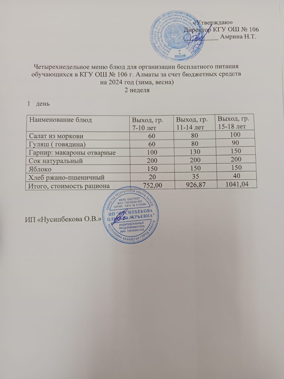 Ас мәзірі/Меню-15.01.2024