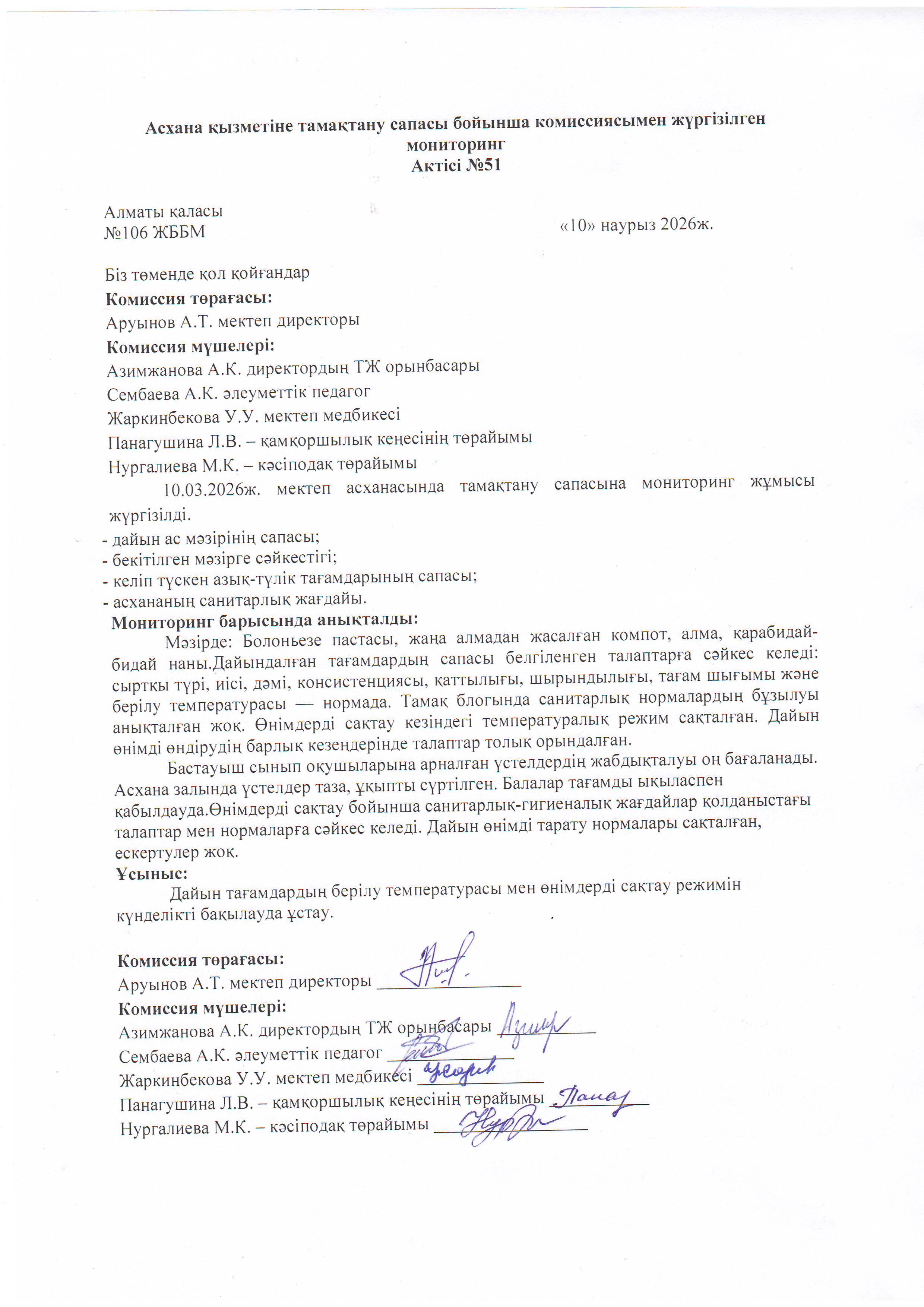 Асхана қызметіне тамақтану сапасы бойынша комиссиямен жүргізілген мониторинг актісі/АКТ проверки школьной столовой комиссии по монитерингу